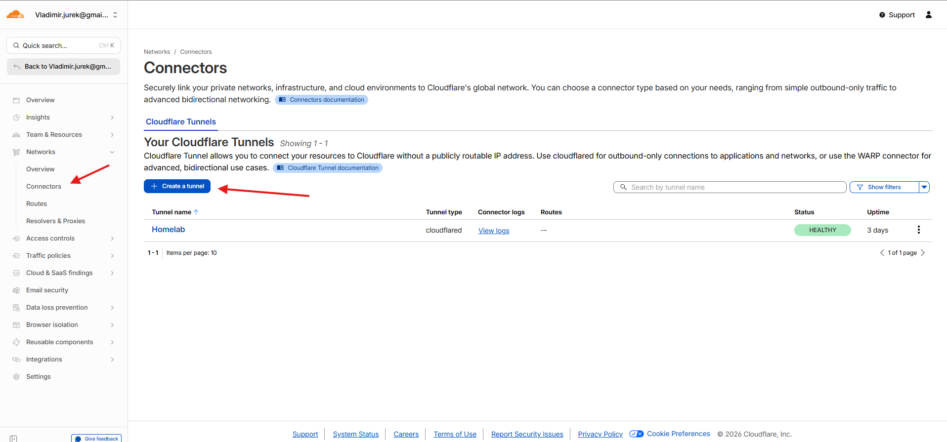 Cloudflare Zero Trust dashboard — správa tunela a Public Hostnames