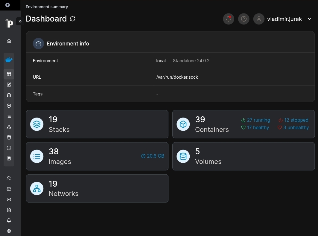 Portainer dashboard — prehľad všetkých Docker kontajnerov
