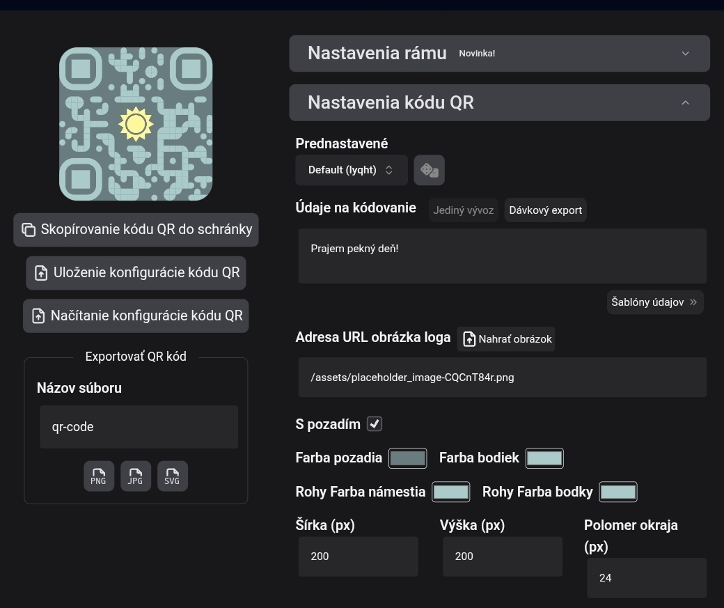 MiniQR rozhranie — generovanie QR kódu s vlastnými farbami